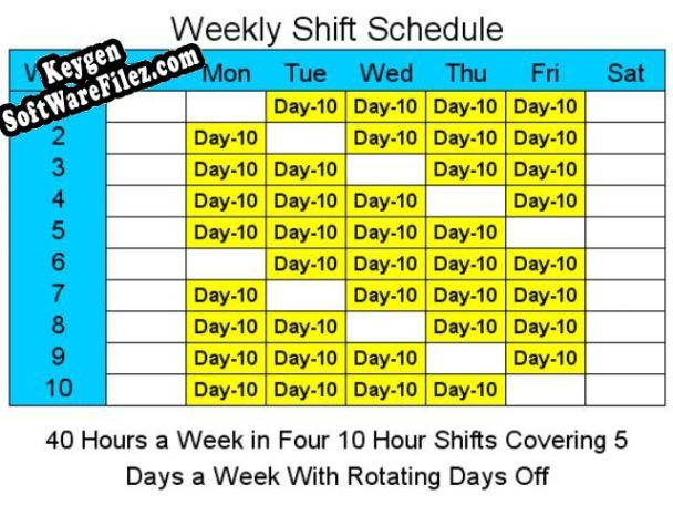 Key for 10 Hour Schedules for 5 Days a Week