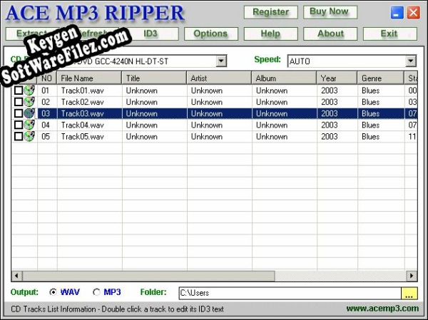 Registration key for the program ACE Mp3 Ripper