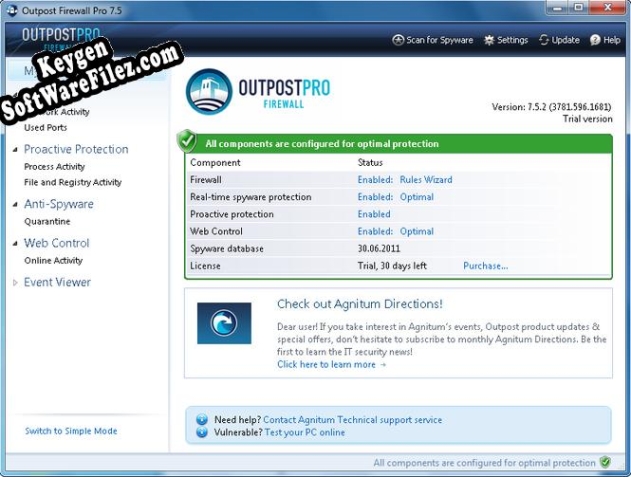 Registration key for the program Agnitum Outpost Firewall Pro (64-bit)