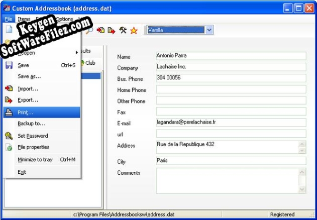 Registration key for the program Custom Addressbook