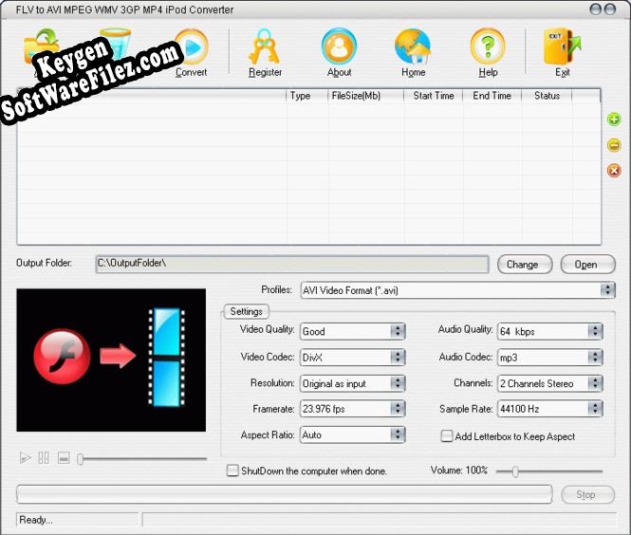 Key generator (keygen) FLV to AVI MPEG WMV 3GP MP4 iPod Convert