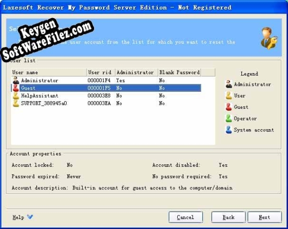 Registration key for the program Lazesoft Recover My Password Server