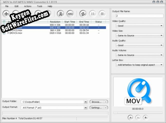 Activation key for MOV to AVI MPEG WMV Converter