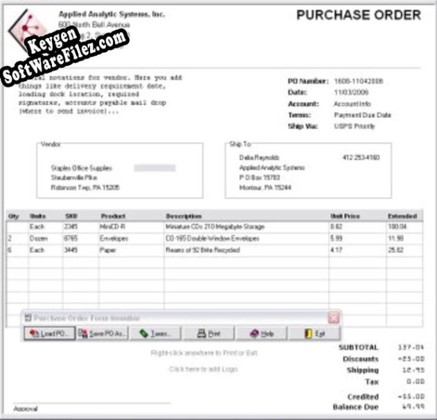 Key generator (keygen) OrderGen Purchase Order Form