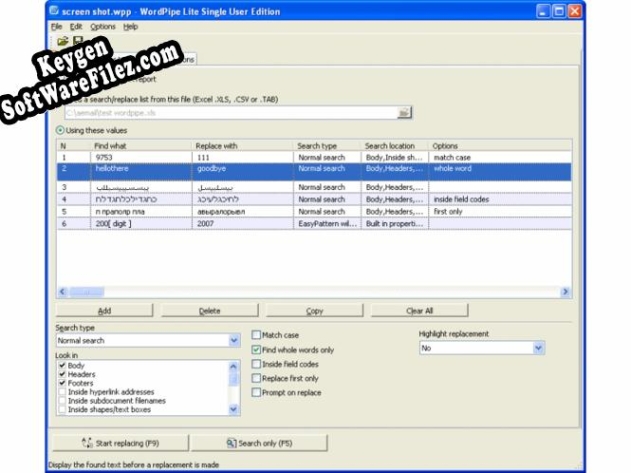 Registration key for the program WordPipe Search Replace