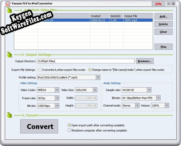 Registration key for the program Yaease FLV to iPod Converter